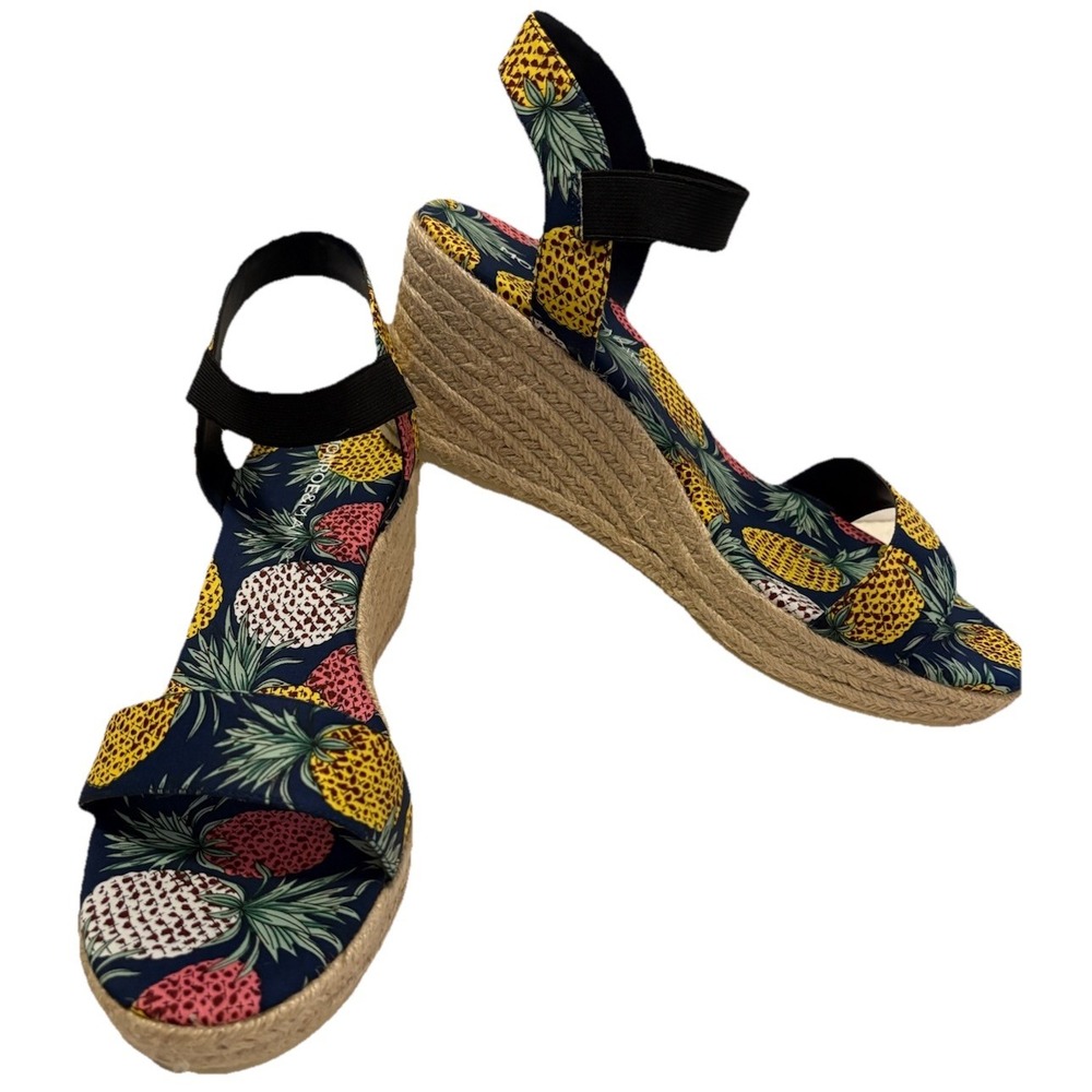 Monroe & Main Pineapple Wedge Heel Espadrilles Women's Sz 12 Navy Print Bohemian